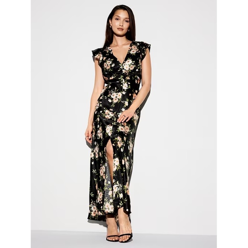 Old Navy The Occasion Maxi Dress Womens XS Black Floral Flutter Sleeve Satin